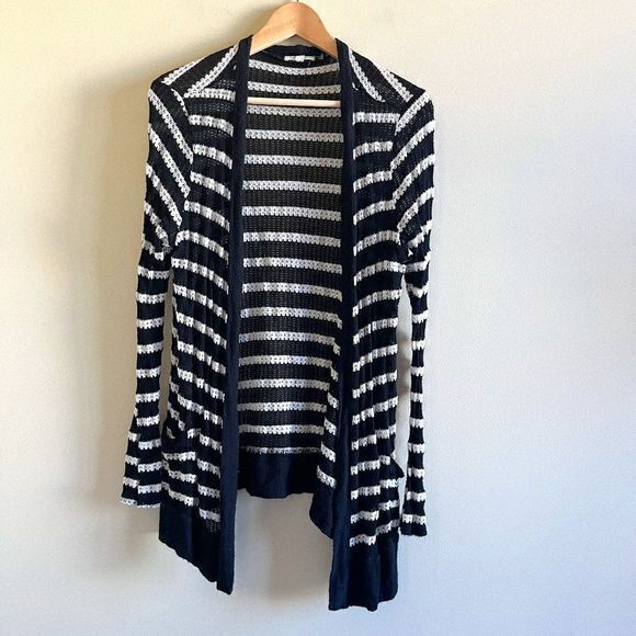 Pleione Sweater Womens Sz L Made in USA Black White Striped Open Front Cardigan - Picture 1 of 4